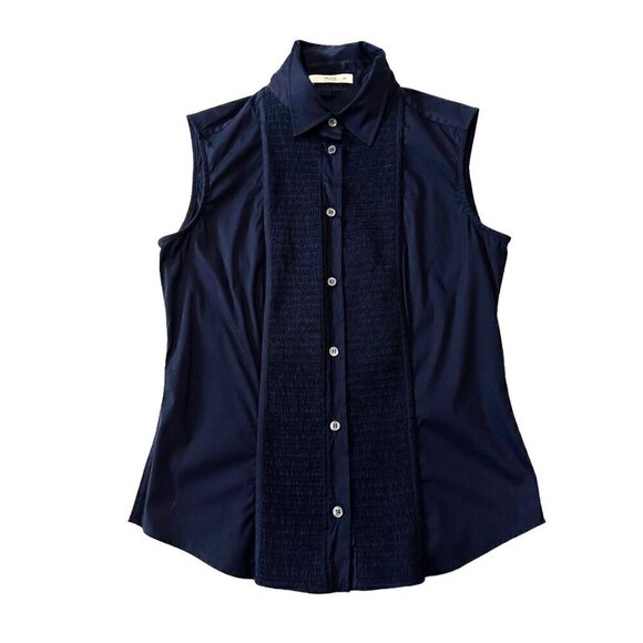 Prada Dark Blue Sleeveless Button Down Shirt, Size 44 Italy, stretch - Picture 14 of 15